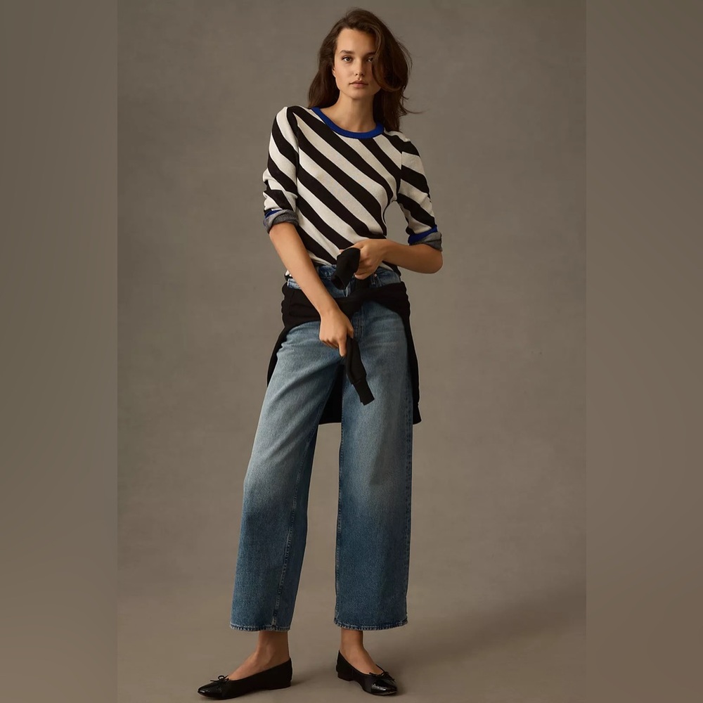 Maeve by Anthropologie striped pullover sweater black ivory blue trim size S - Picture 2 of 13